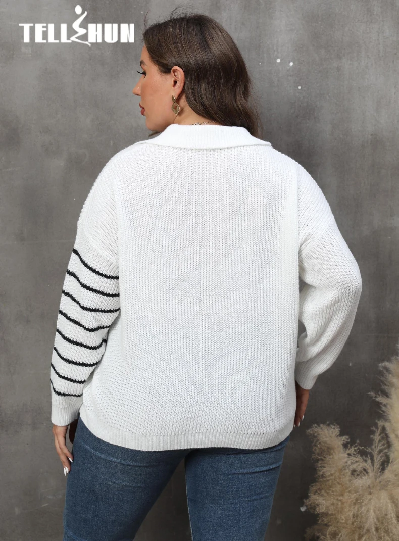 Striped Polo Neck Autumn Winter Pullover Sweater Women\'s Sweatshirt Loose Casual Warm Sweater Fashion Clothing Tops PLus Size