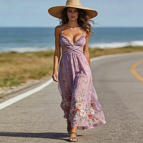 

Women's Chiffon Floral Print Long Dress Beach Vacation Halter Dresses Summer Maxi Dresses