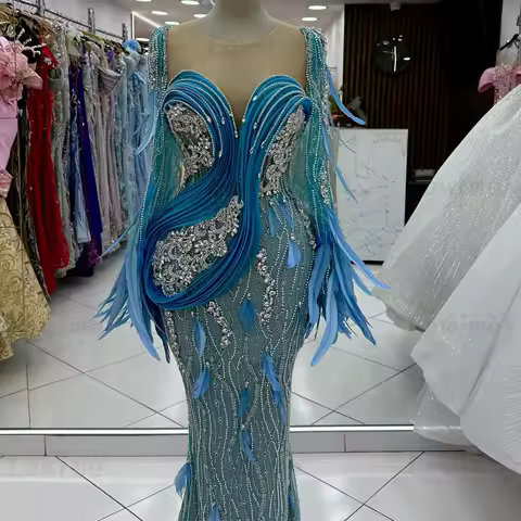 Feathers Long Sleeves Evening Dress Customized Crystals Beaded Mermaid Party Dresses Vestidos Gala Luxury Celebrity Dresses 2026