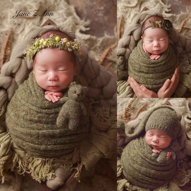 

Newborn photography props set green long tail ball+knitted bear+wrap baby photo sutdio outfit infant bonnet Christmas props