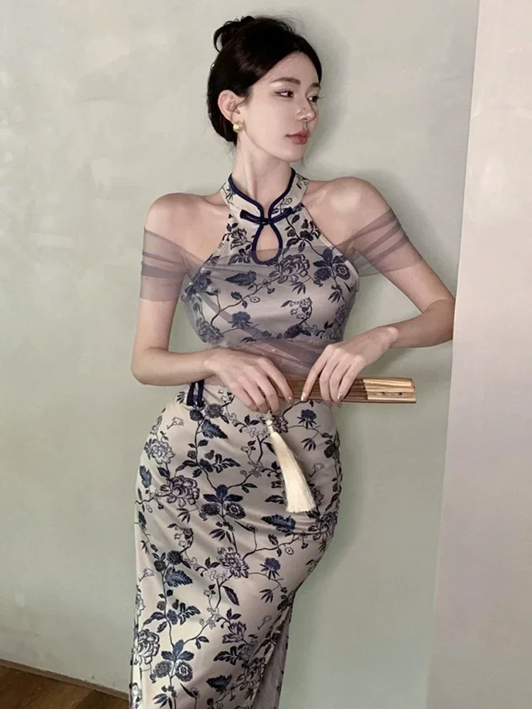 

Новые модные женские элегантные ретро-принты Qipao сетчатые китайские стильные ципамы для ночного клуба пикантные фотообои винтажные платья