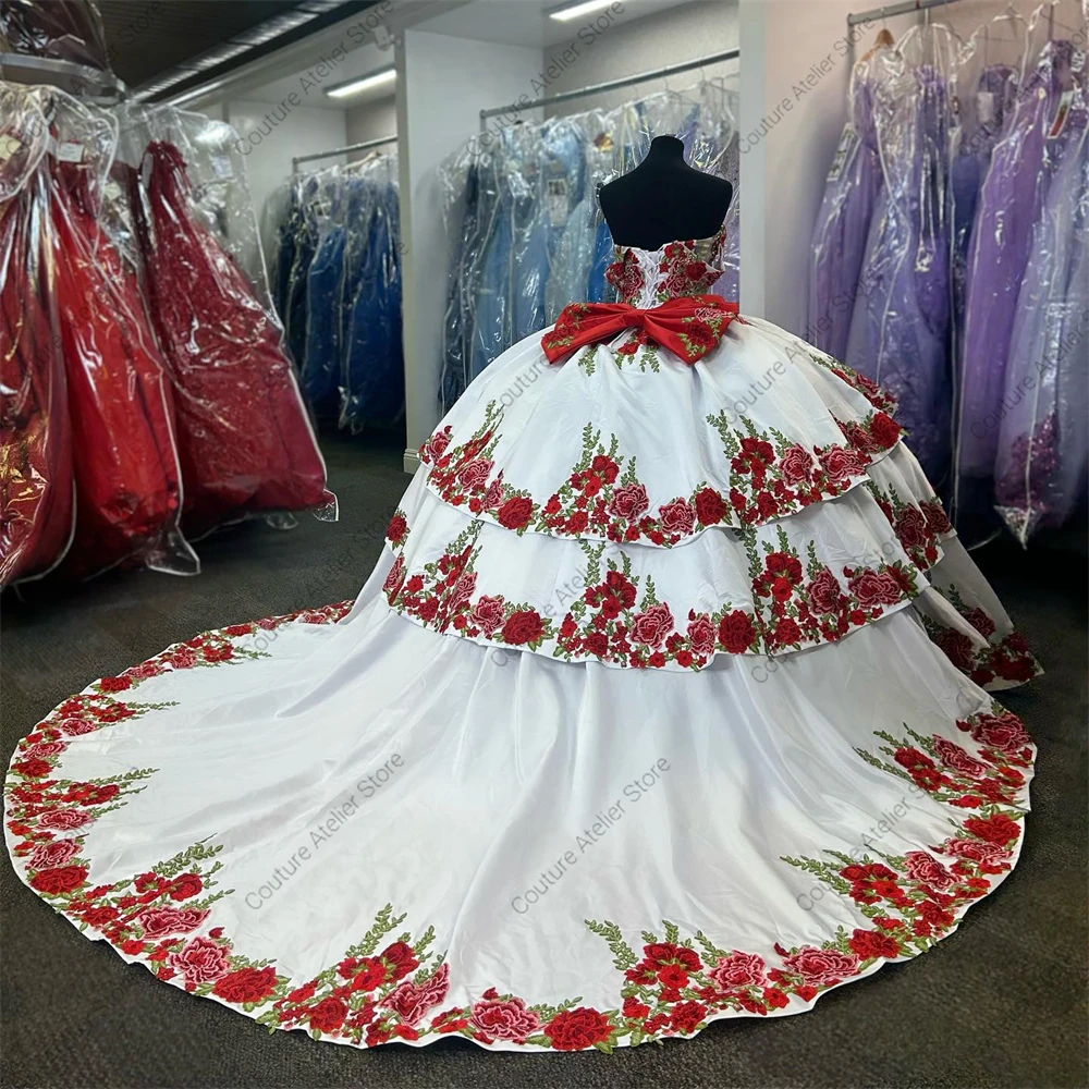 Amazing White Satin Red Roses Embroidery Quinceanera Dresses For Girl With Bow Ball Gown Dress For Sweet 15 16 Sweetheart gala