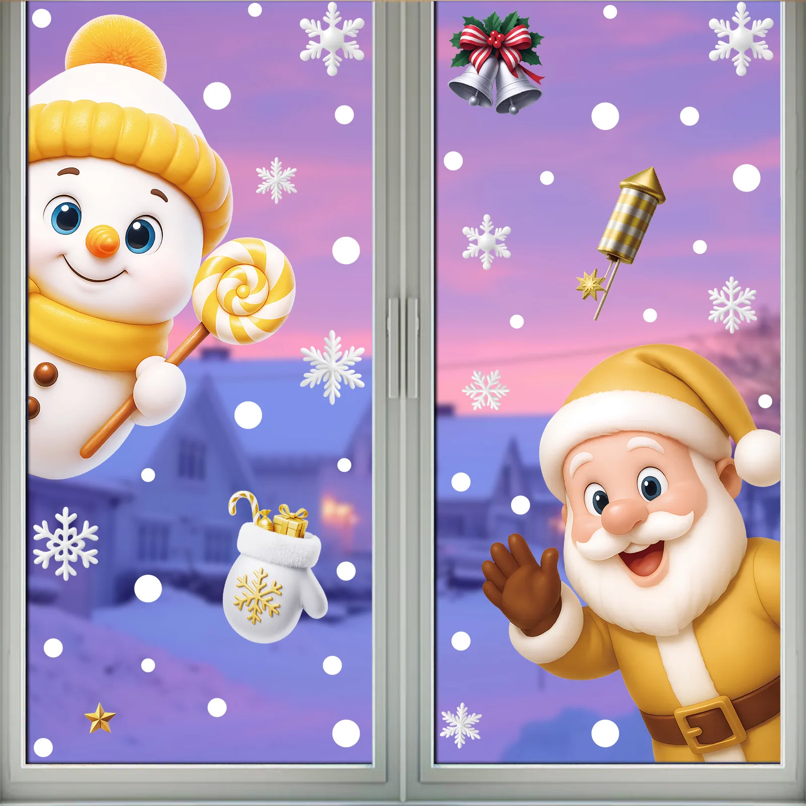 Set of 2 Christmas Static Cling Stickers, Gold Reindeer Snowman Holiday Window Decor for Glass Festive Pair