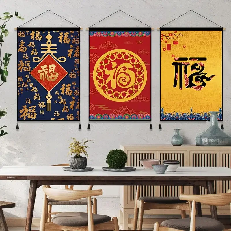 

Chinese Style Scroll Paintings Fu Picture Happy New Year Room Decor Aesthetic Tapestry Wall Hanging Decoration Poster Wall Art