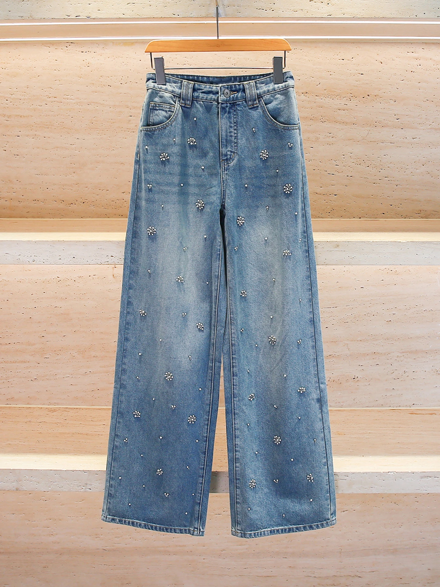 

High-End Women's Handmade Beaded Waed Straight Leg Jeans Wide Leg Pants Casual High Waist Zipper Pure Color All Seasons