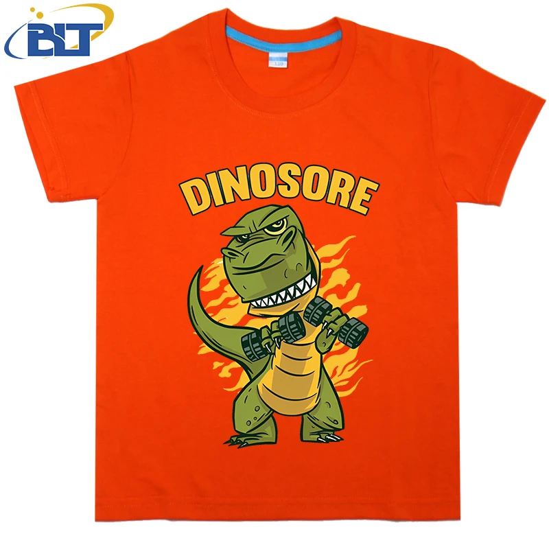 Dinossauro impresso de manga curta t-shirt, algodão puro, top casual, adequado para meninos e meninas