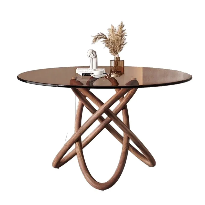

Black walnut glass round dining table and chairs modern light luxury solid wood glass round table