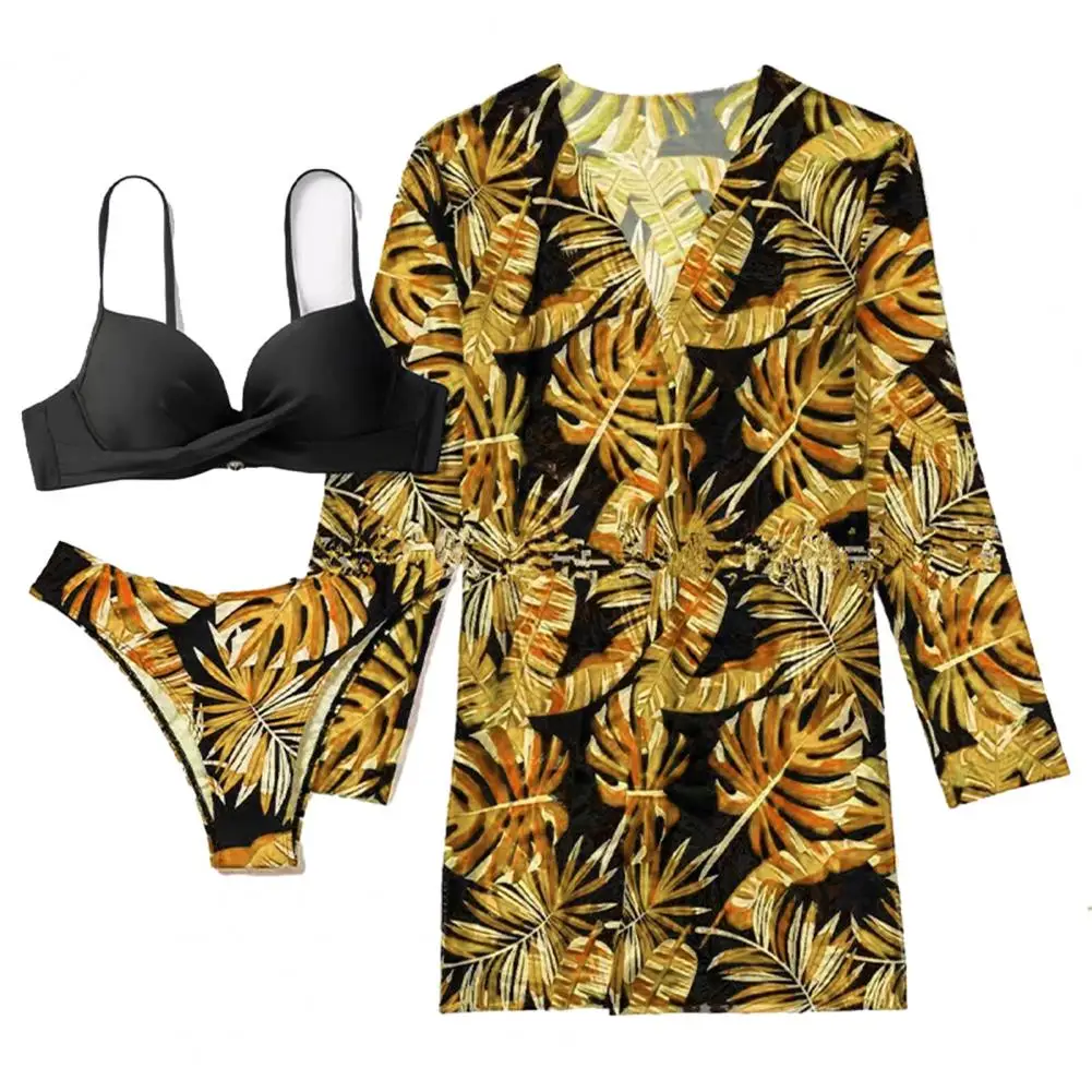 Swimsuit Set Floral Print Bikini Set with Cover-up High Waist Swimming Long Sleeve Push Up Swimsuit for Women Summer Beachwear