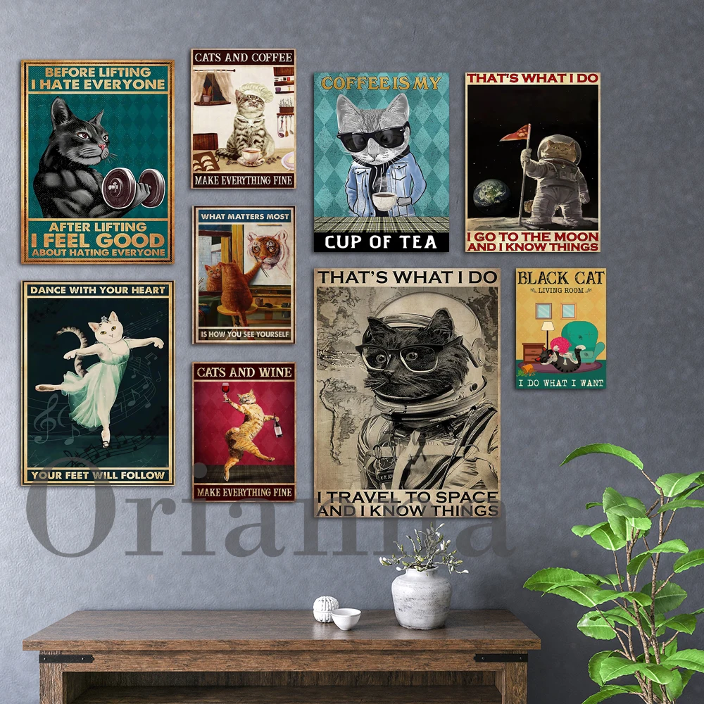 Retro Cat Poster Ballet Cat Black Cat Fitness Cats And Wine Cat Astronaut Cat Cooking Cat Coffee Wall Art Print Lover Cat Gift