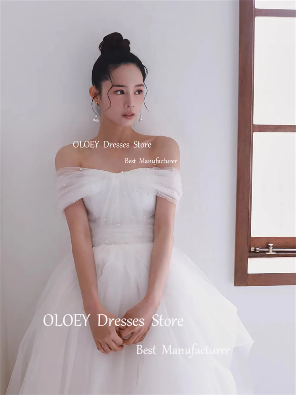 OLOEY Exquisite Korea Ivory Wedding Dresses Pearls Off The Shoulder Silky Organza Corset Back Bridal Gowns Floor Length Custom