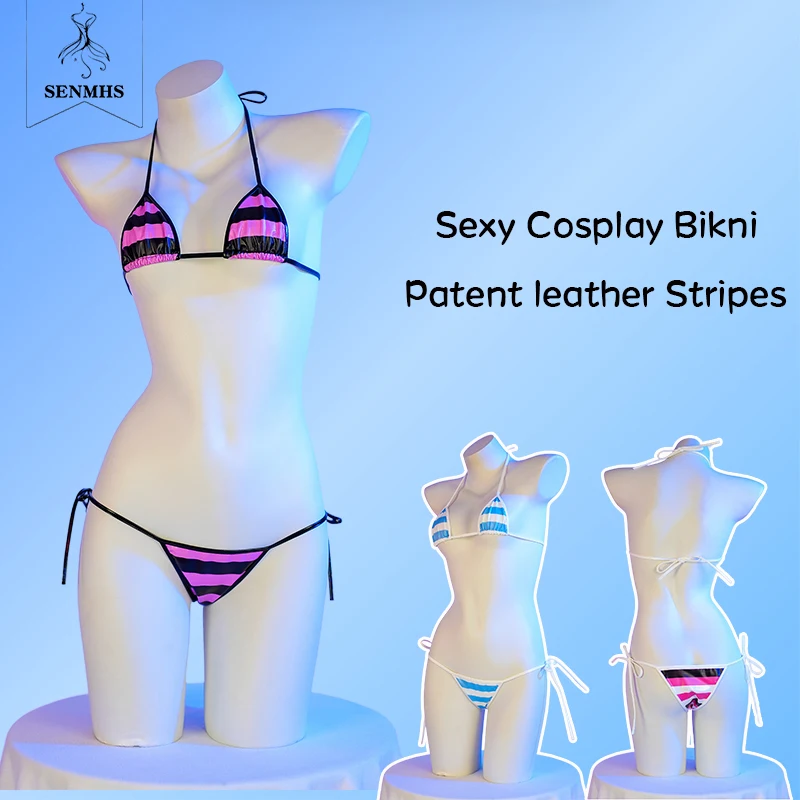 

SENMHS Sexy Contrasting Stripes Bikini Anime Cosplay Swimsuit Women Summer Pool Party Bright Mini Underwear Costume 3Colors