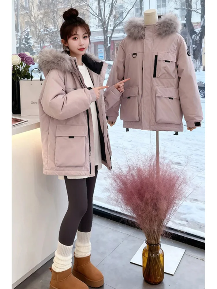 

Korean Sle Women's Thiened down Parka Coat with Large Fur Collar Cotton Jaet Outerwear Commute Friendly Loose Fit