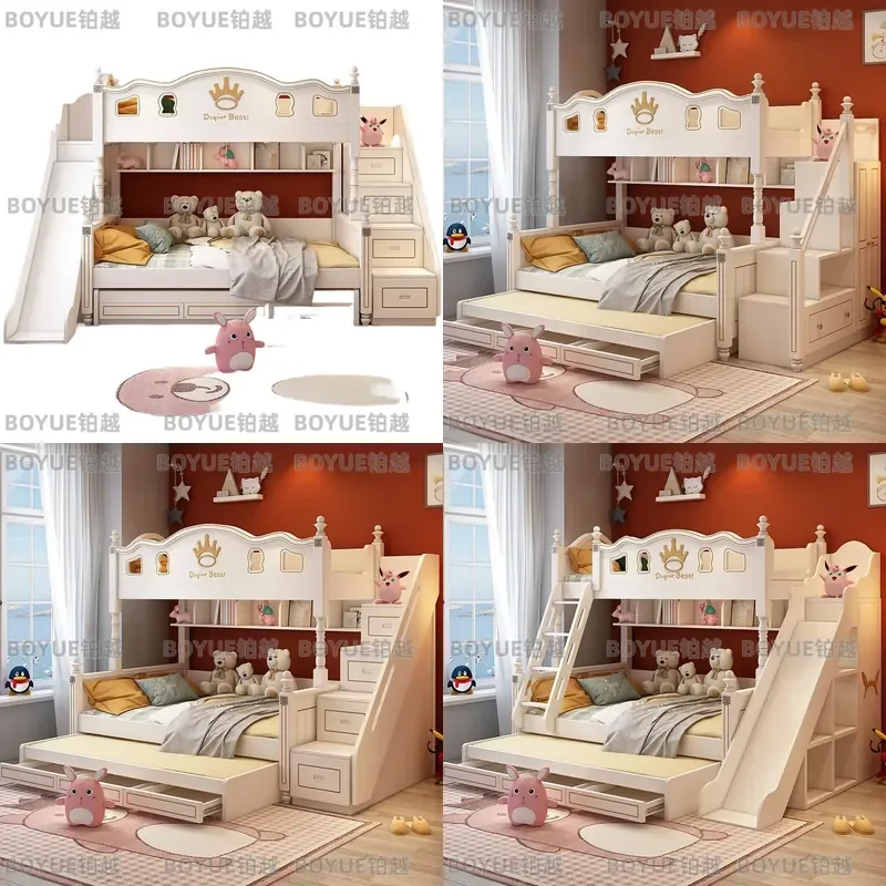 Massivholz-Etagenbett mit Rutsche für Kinder, zweistöckiges Hochbett, platzsparend, Doppelstockbett, Mutter-Kind-Möbel, klein