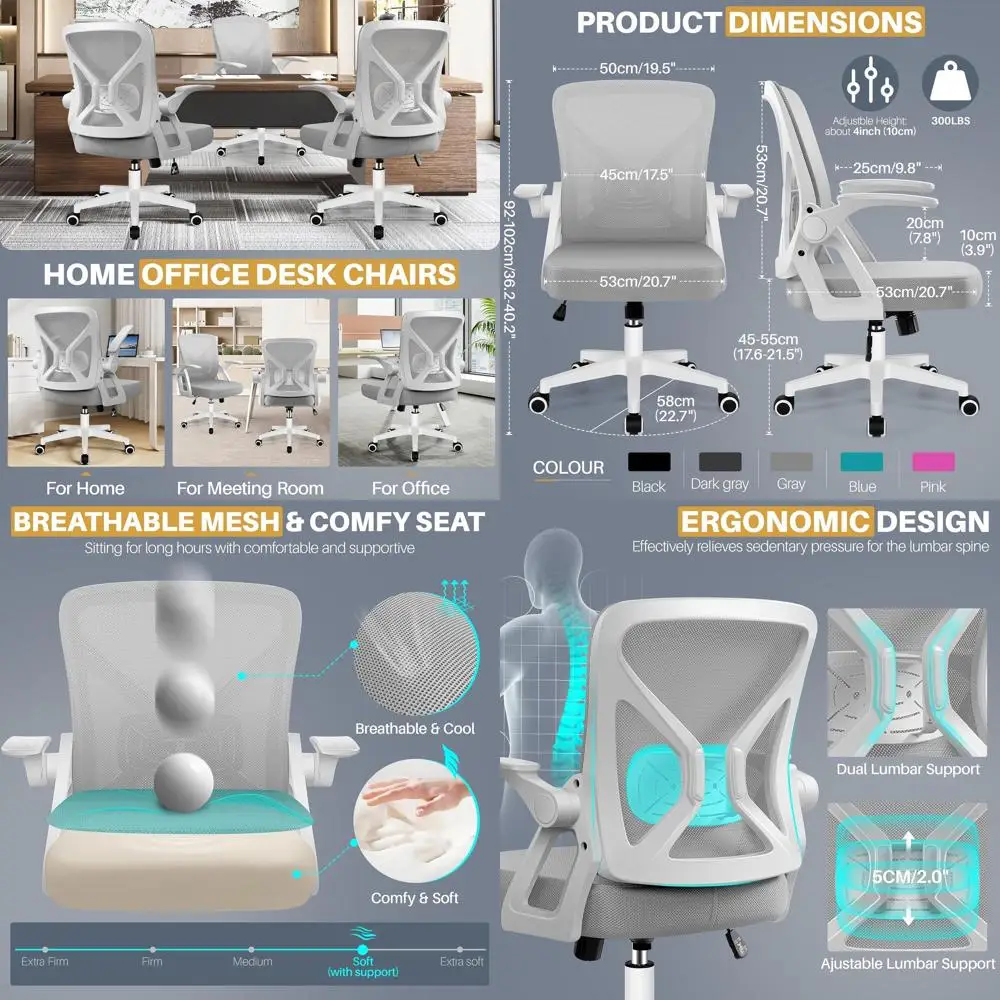

Breathable Mesh Ergonomic Swivel Chair with Lumbar Support and Flip-Up Armrests for Home Office Desk in Gray