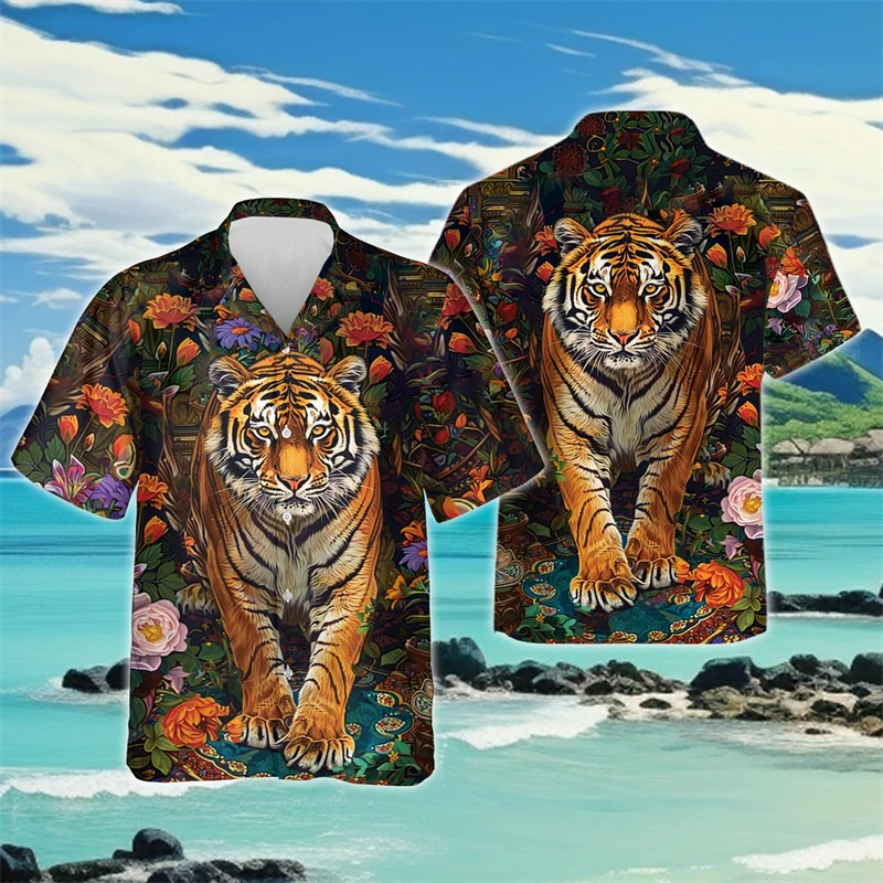 

Mighty Tiger Graphic Beach Shirts Hawaiian Jungle Shirts For Men Clothes Harajuku Fashion Animal Lapel Blouse Hip Hop Male Tops