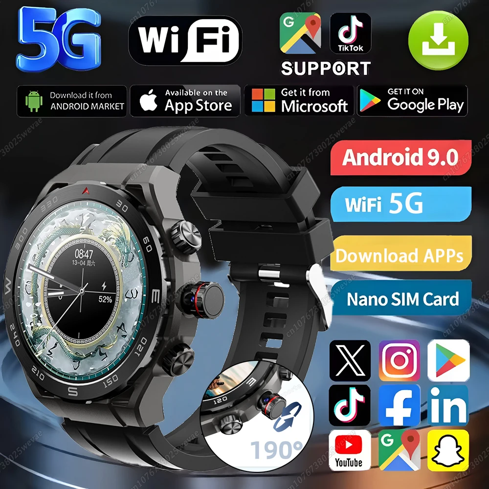 

Новые умные часы 5G Full Netcom 4G 466*466 Amoled с экраном GPS WIFI HD Video Call 190 ° Умные часы с вращающейся камерой Android