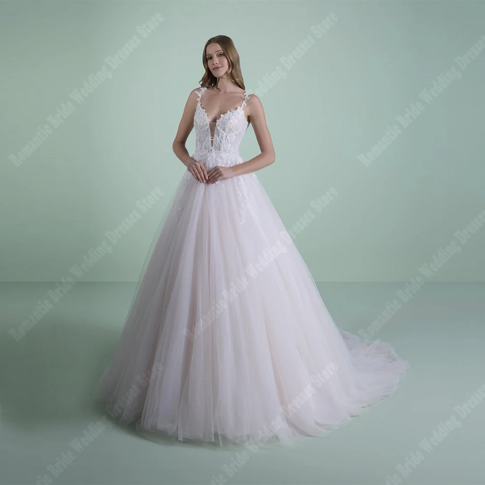 

Sexy V-Neck Women Wedding Dresses Bridal Gowns Elegant Tulle Mopping Length Sleeveless Party Vestidos De Novias 2025 Customized