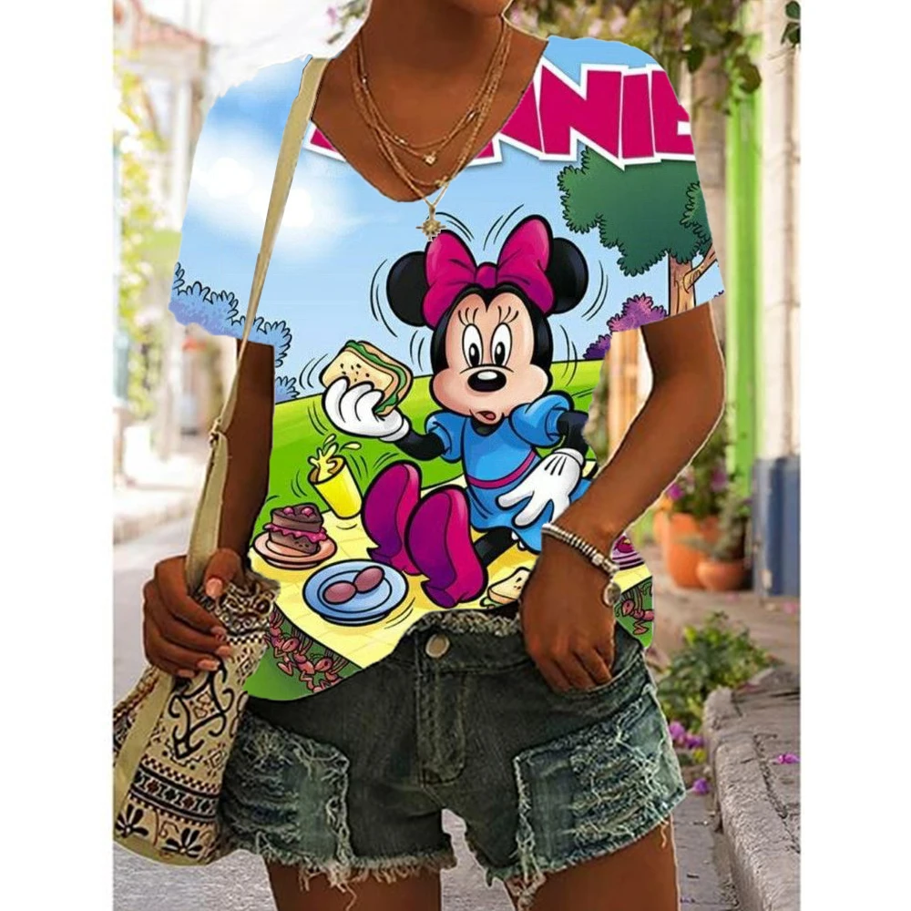 Disney Mickey Mouse Print Fashion Women's T-shirt Cute Girl Summer Harajuku Loose Casual Wear Kawaii V-neck Short Sleeved T-shir