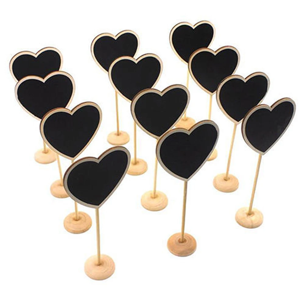

12Pcs Mini Heart Shape Wooden Blackboard Clip Design Black Base Decorative Message Boards for Short Messages Party