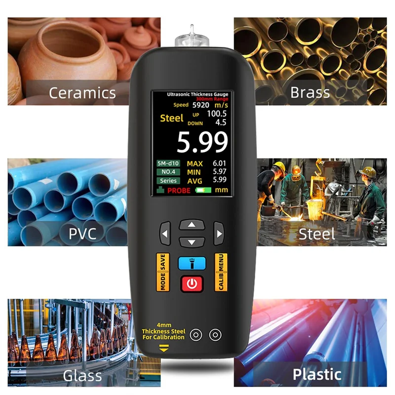 مقياس سمك بالموجات فوق الصوتية A15F، نطاق 1-300 مم مع شاشة ملونة، مع مسبار لقياس المعدن الصلب والبلاستيك الفضي PVC