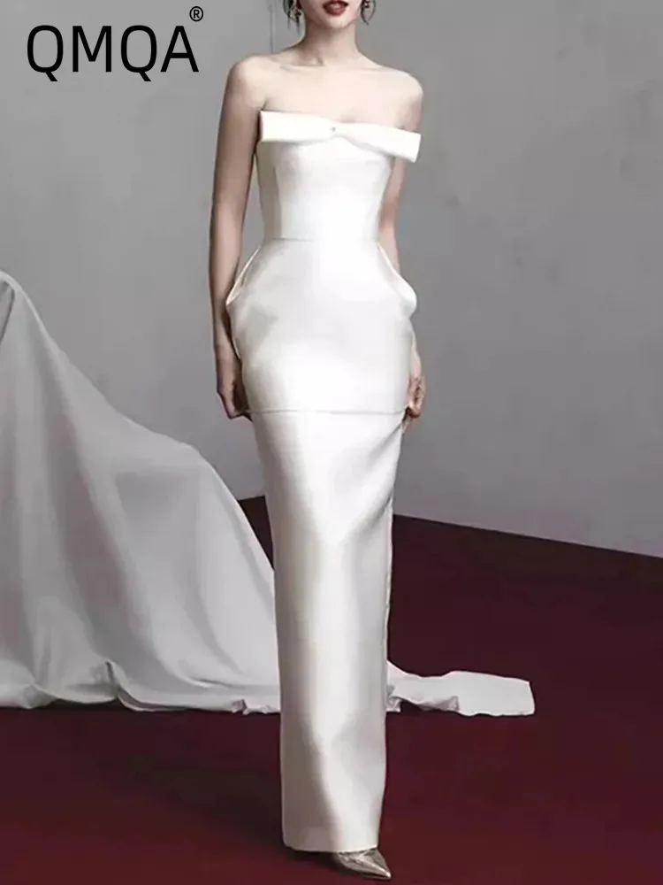 

QMQA Fashion Women's Elegant Evening Dress Chest Wrapped With Bow Decoration Waist Stretching Ankle Dress 2025 New Clothes 1A347