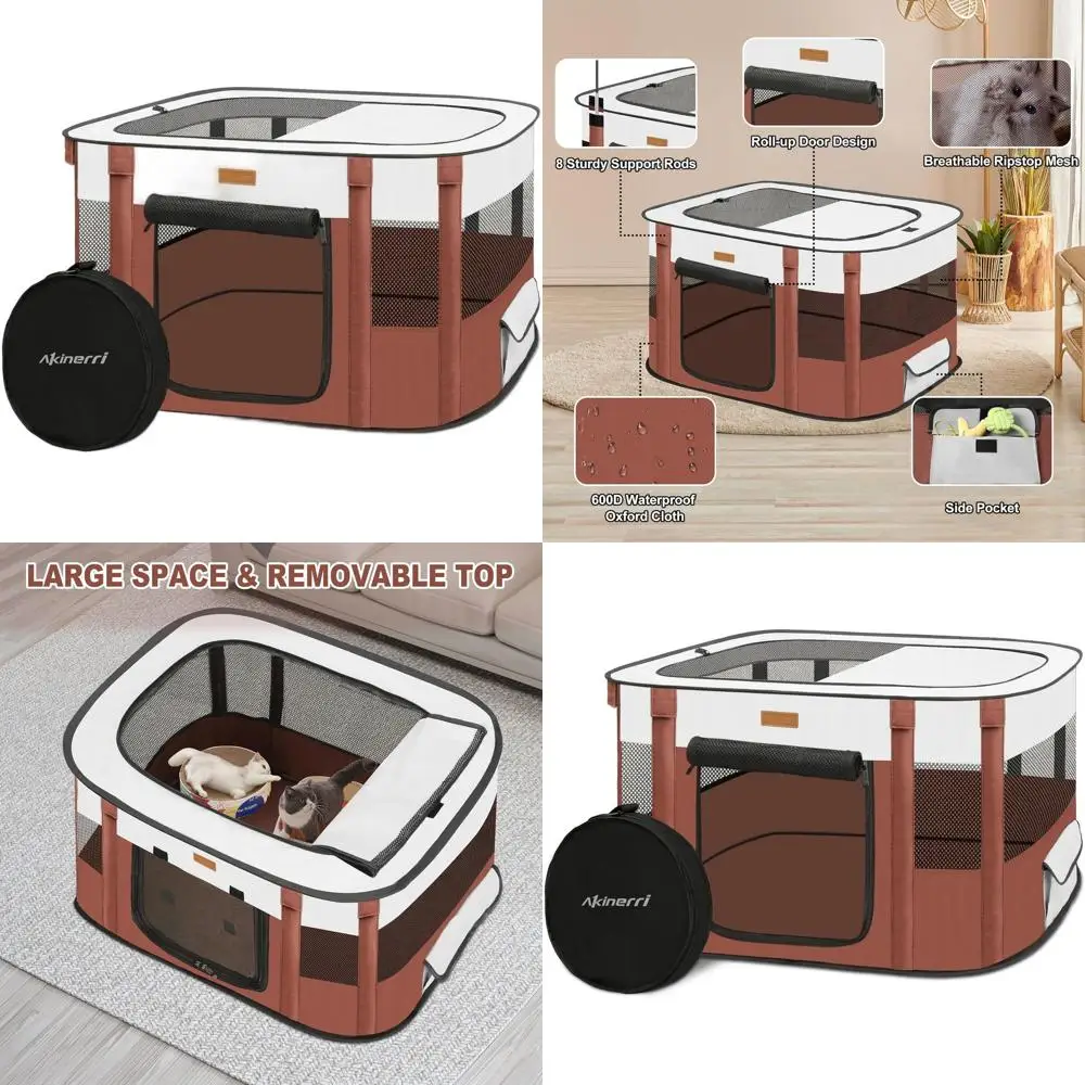 

Складной манеж для собак, кошек и кроликов - портативная переносная клетка для путешествий с сумкой для переноски, очень большой размер, коричневый