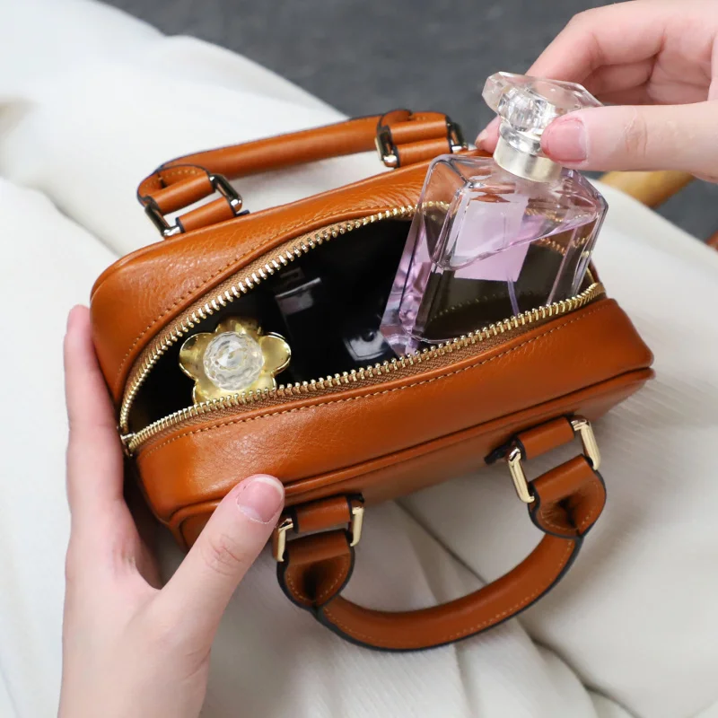 2026 New Genuine Leather Women Boston Bag High Quality Shoulder Crossbody Bag Retro Commute Handbags Ladies Mini Tote Bag