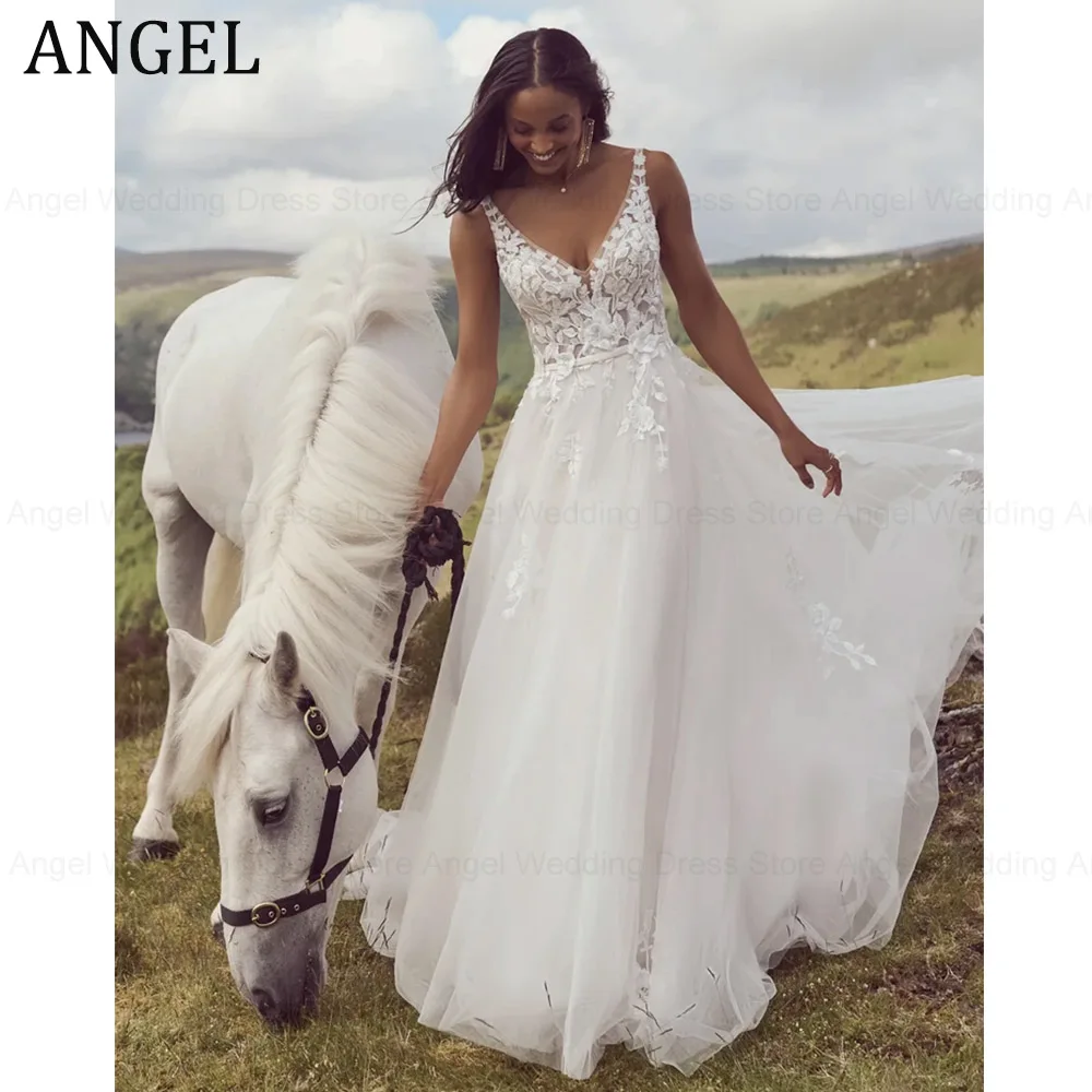 ANGEL Romantic Backless Tulle Wedding Dresses Sleeveless Lace Applique robe de mariée A Line Boho Bridal Gowns Custom Made