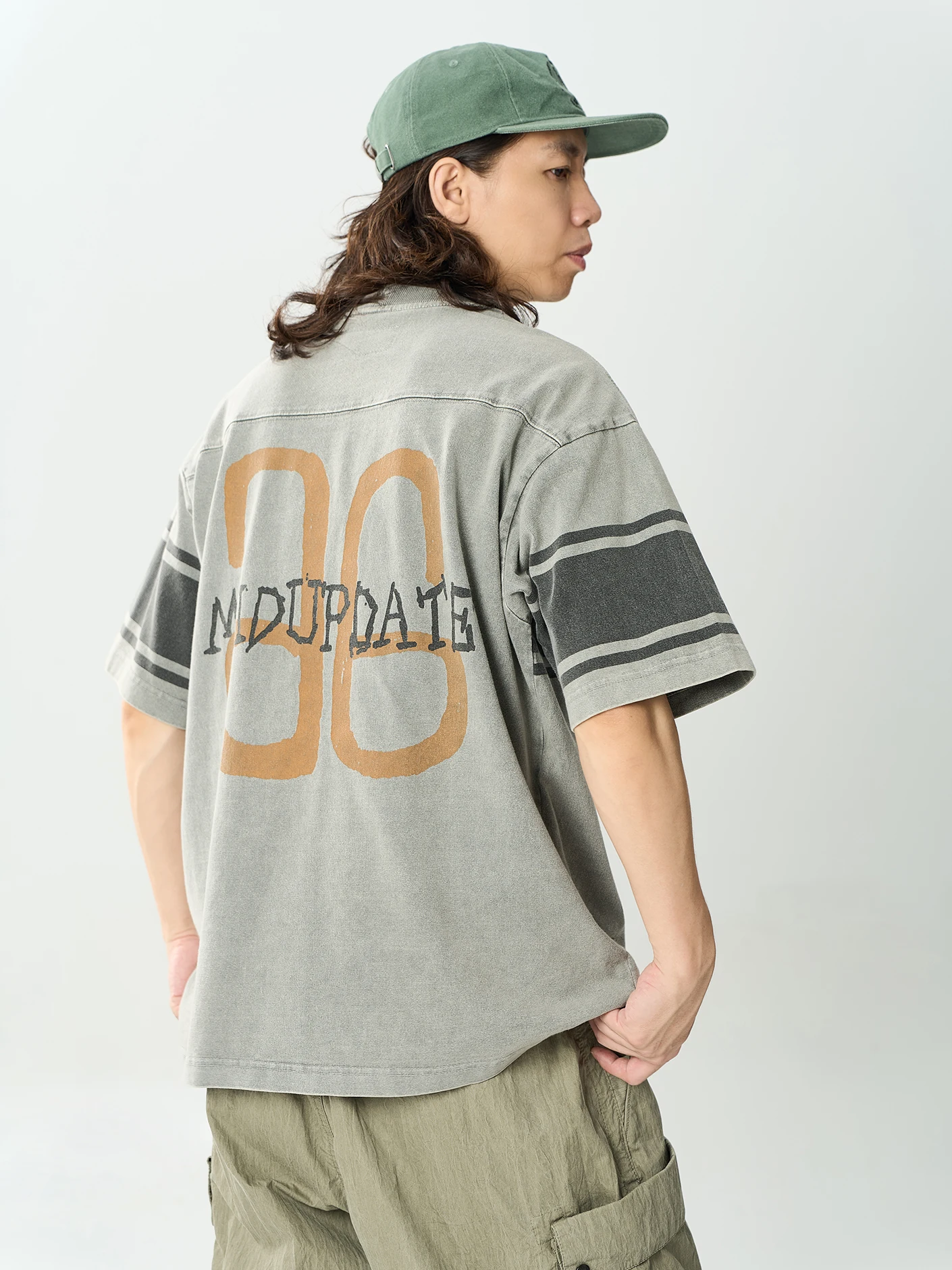 

Retro round Ne ort Sve T-irt Men's Chest Stripe Print Worn-In Sle Cotton Casual Basic ular Brand