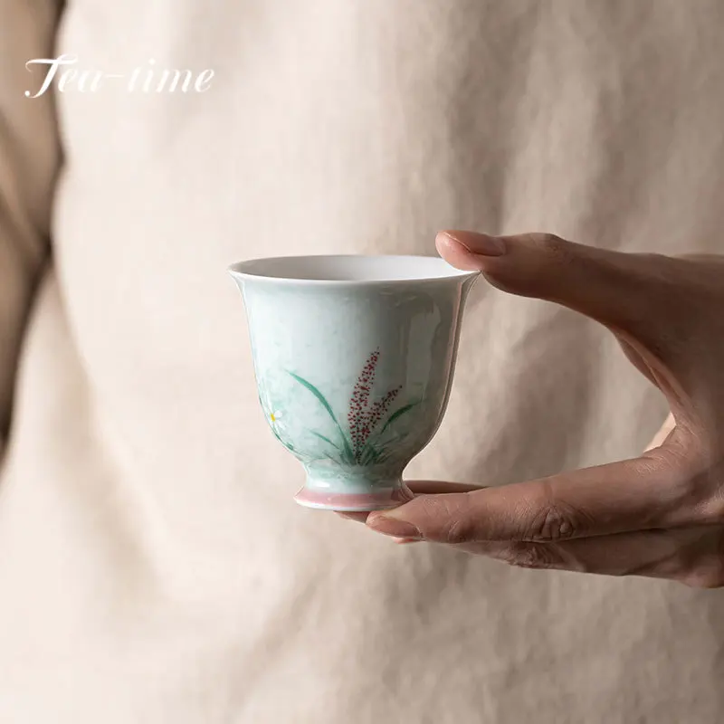 80ml Beautiful Pure Hand-painted Reed Ceramic Tea Cup High Foot Teacup Ample Green Sprinkling Master Cup Teaware Items Supplies