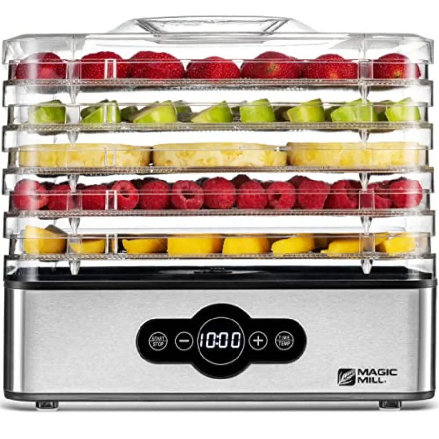 

Food dehydrator for jerky fruit dog treats stainless steel trays silver 5-stackable trays 48h timer adjustable temperature up t