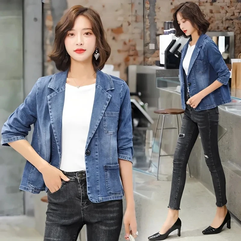 Korean Womens Denim Suit Jacket  Spring Autumn New Pocket Jeans Outwear Female Slim One Button Long Sleeve Denim Blazers Coat