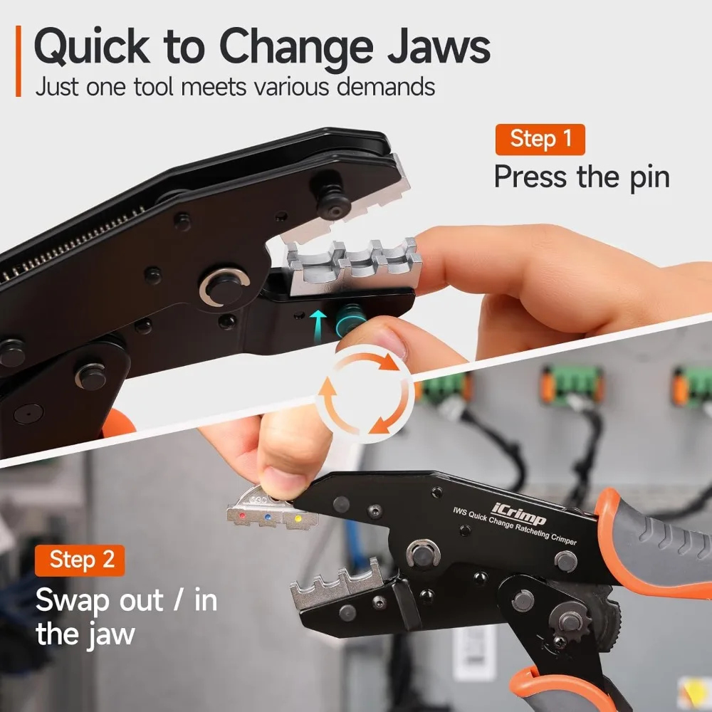 Набор инструментов для обжима с храповым механизмом из 8 предметов с быстрообменными губками для термоусадочных, открытых, изолированных наконечников AWG 20-2