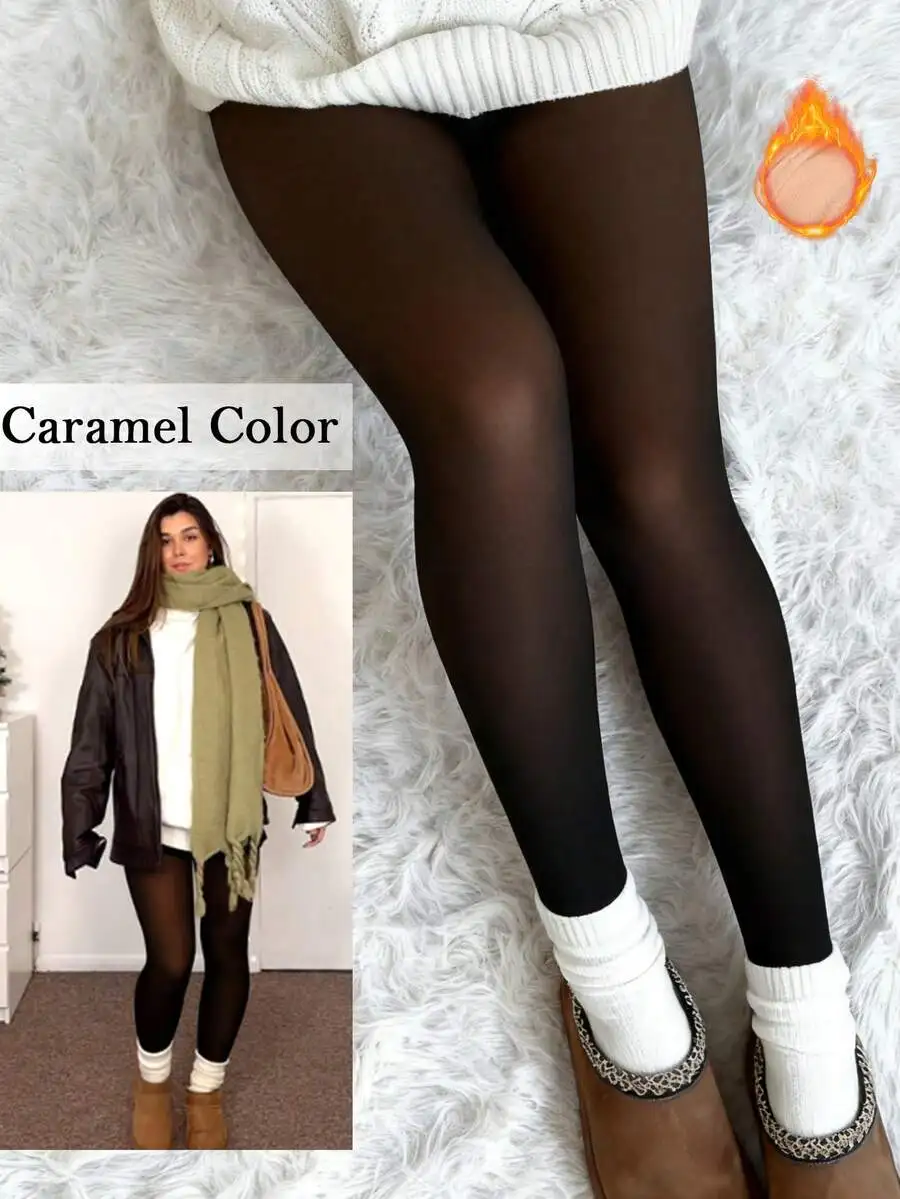 2-Pack Fleece-Lined Thermal Tights for Women, Caramel Color, Warm Thick Leggings for Winter