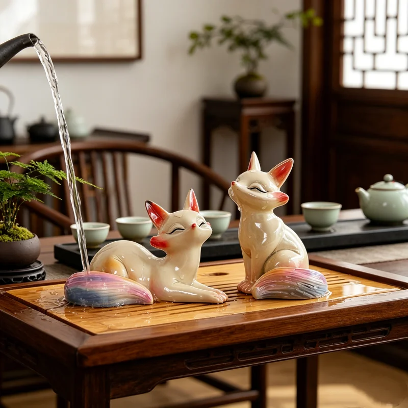 Color Changing Fox New Tea Pet, Cute Animal Drinking Toy Office Home Tea Table Tea Pet Decoration Fengshui Fun Hot Taste