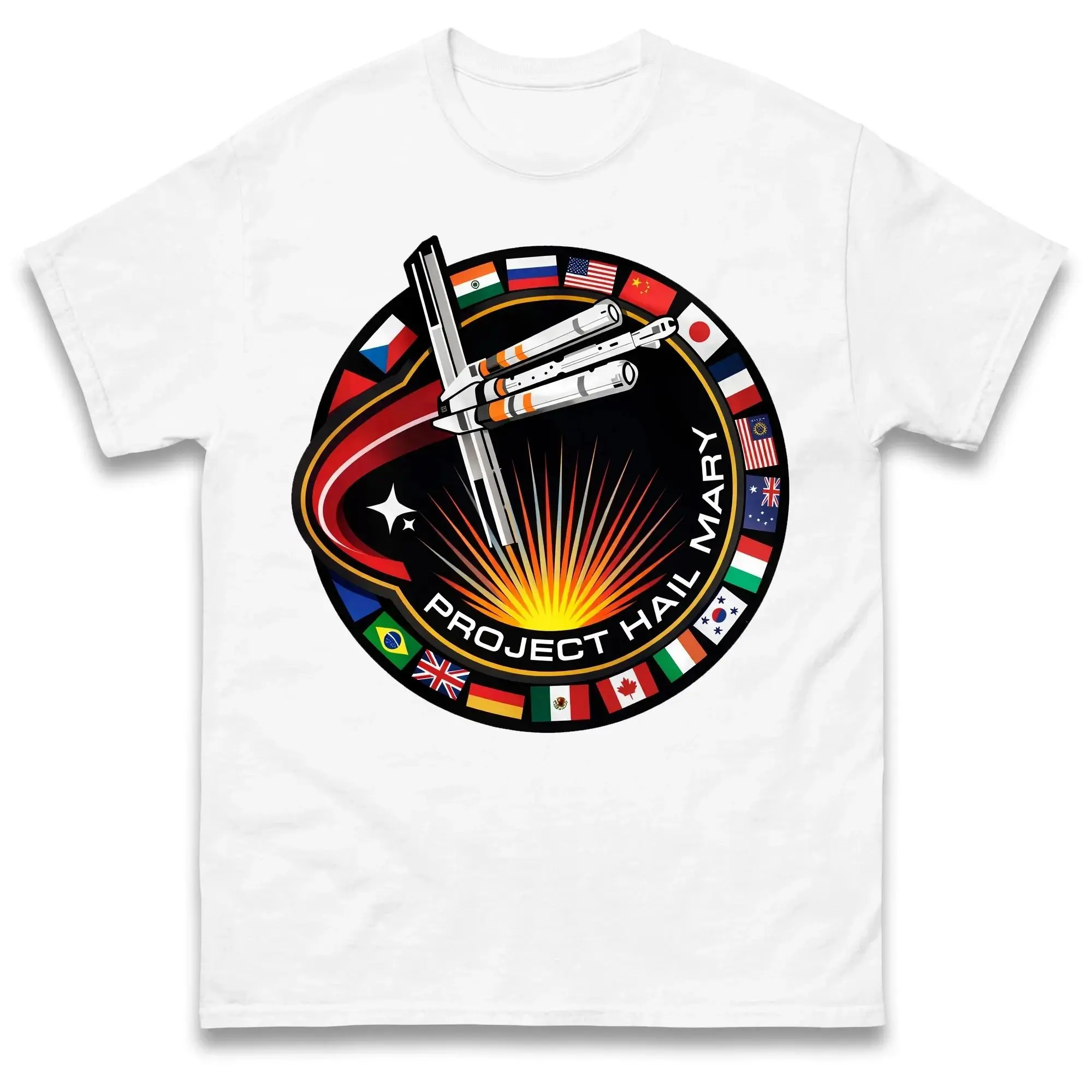 Fashion Y2k T Shirt Project Hail Mary Spaceship with Nation Flags Mission Patch T Shirt Casual Loose Short Sleeve Unisex