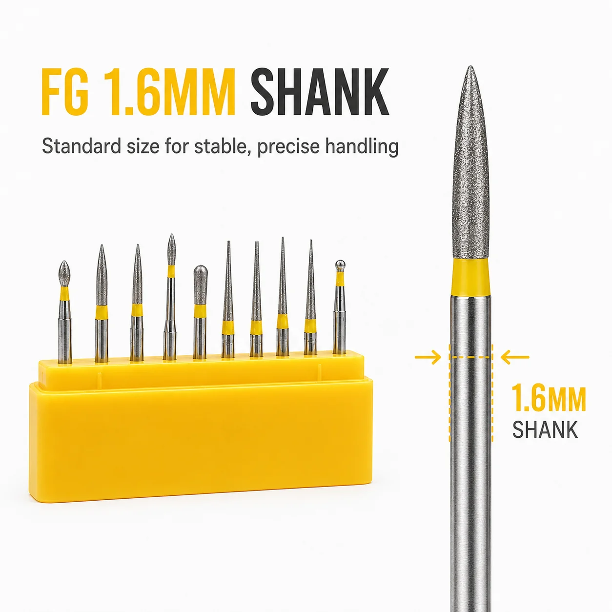 10 Stück Präzisions-Labor-Diamantbohrer FG 1,6mm Schaft Extra Feines Gelbes Ringpolierset für Detaillierte Laborbearbeitung – Detail 4