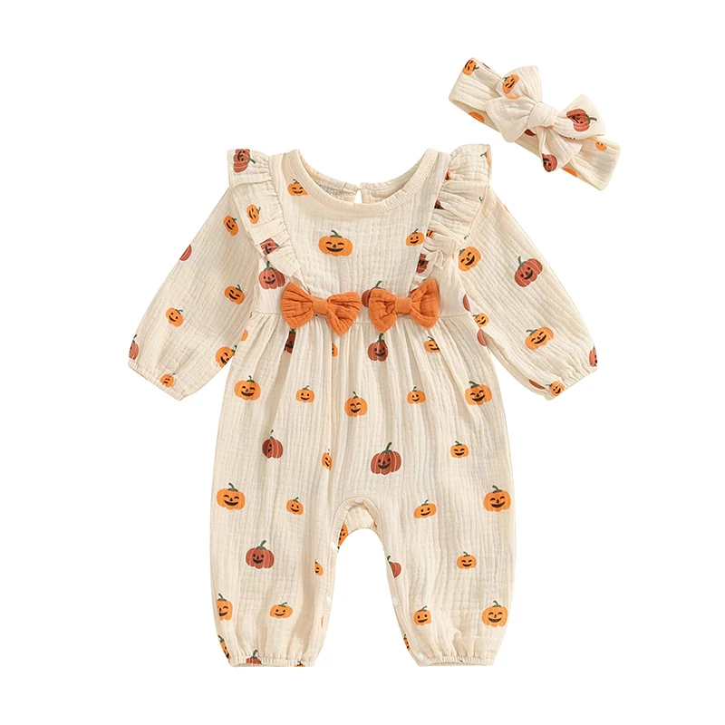 

Baby Girl 2Pcs Fall Outfits Ruffle Long Sleeve Pumpkin Print Jumpsuit with Headband Set Newborn Clothes