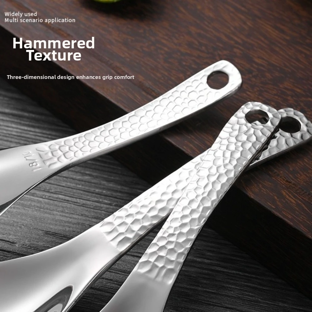 Multipurpose Hammer Patterned Stainless Steel Spoon with Hanging Hole Deepen Dessert Spoon Thickened Table Spoon Home Kitchen
