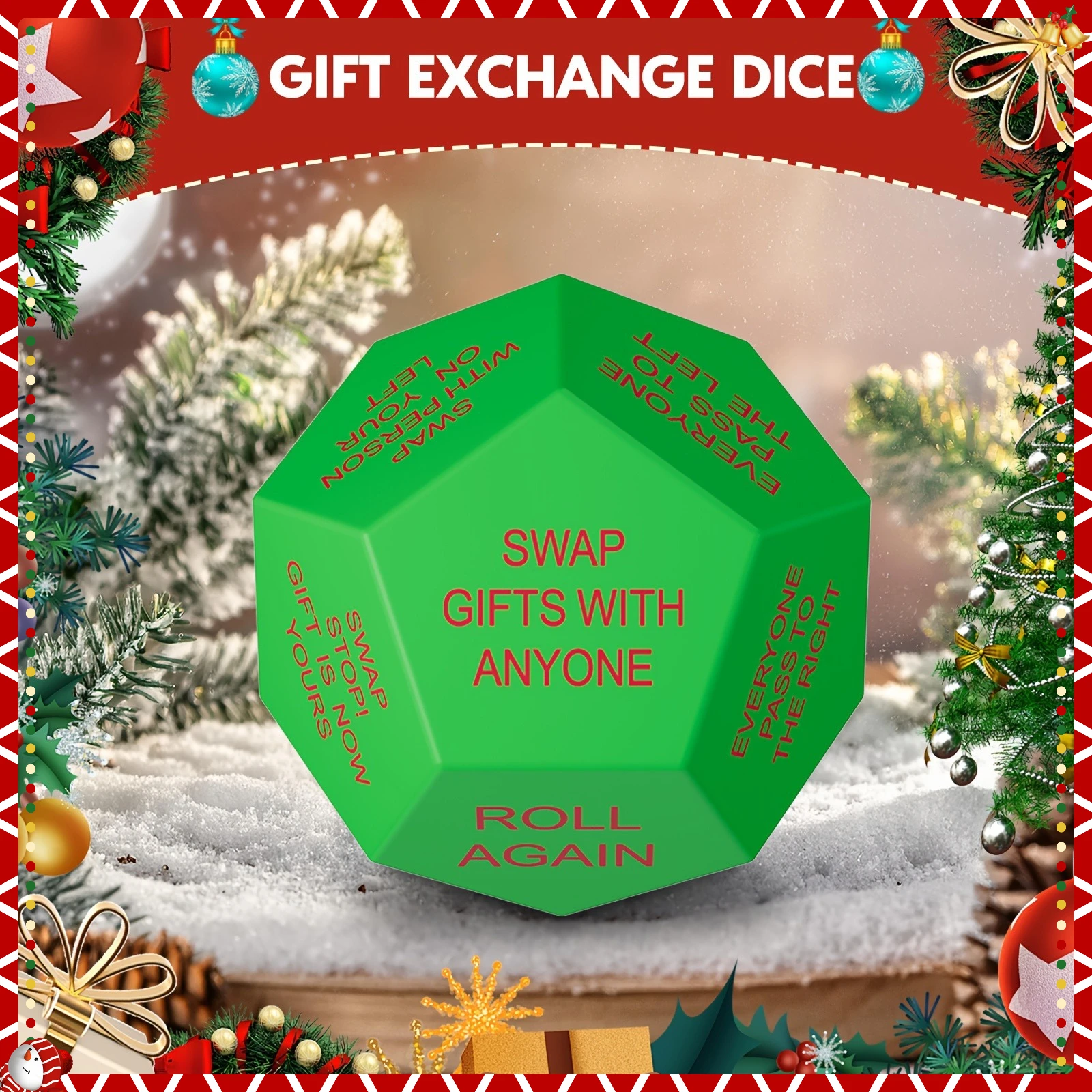 

1 upgraded version of Santa gift exchange dice - 12-sided Christmas party dice, designed for holiday games, family fun and gift