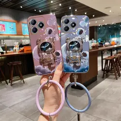 C63 Space travel Holder Lanyard Plating Phone Case For Realme C63 C65 C55 C61 C53 C67 C51 Shatterproof Soft Back Cover