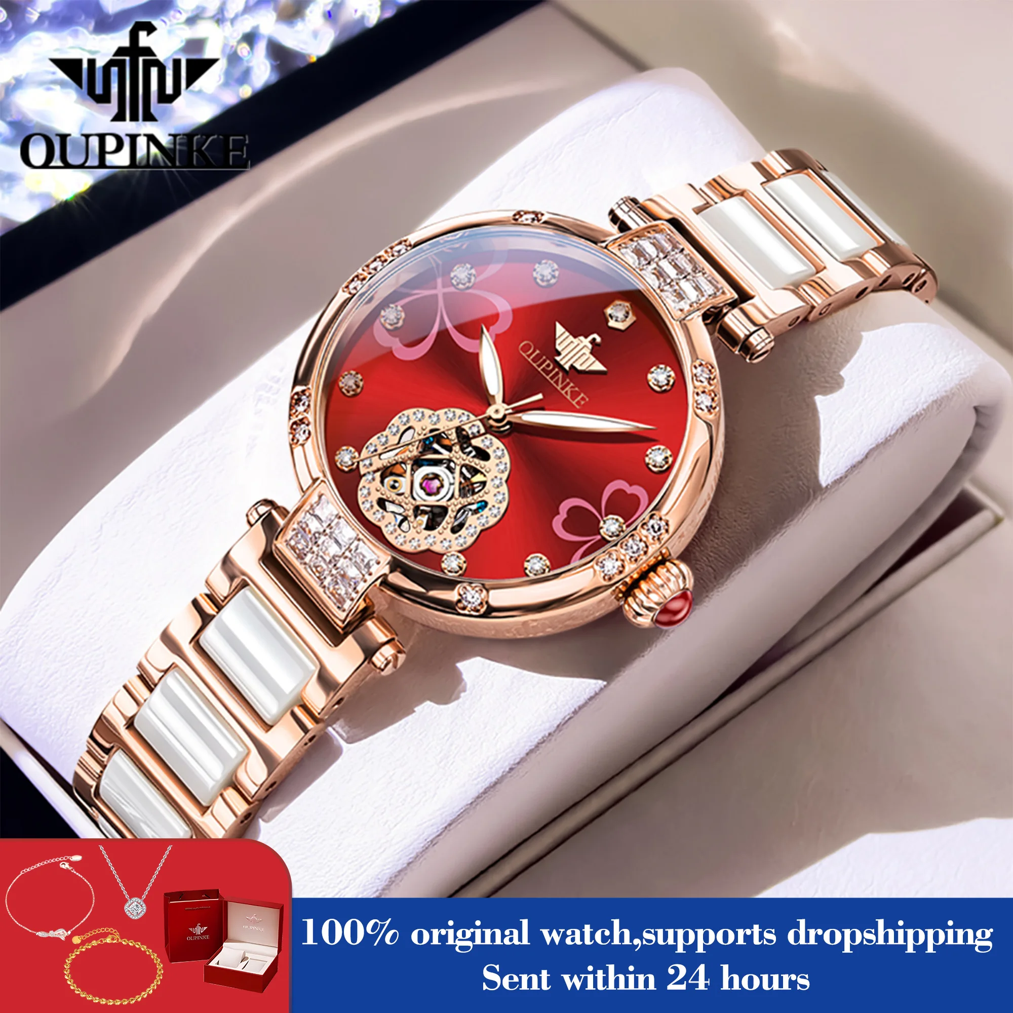 

OUPINKE 3183 Automatic Watch For Women Ceramic Steel Strap Hollow Mechanical Woman Watch 50M Deep Waterproof Fashion Hand Clock