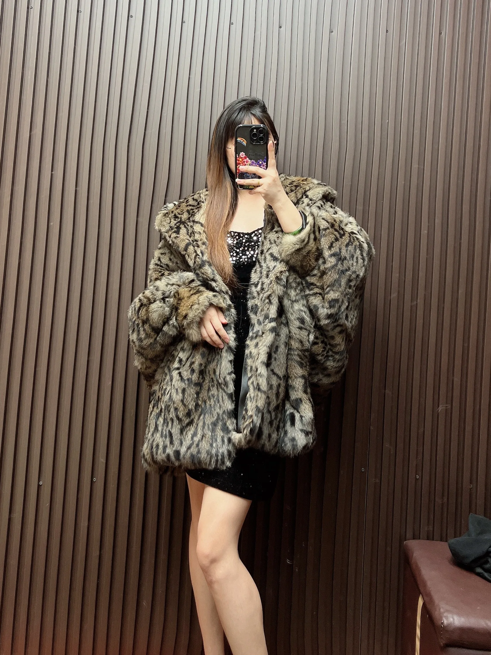 Women Winter Real Rabbit Fur Coat Leopart Print Hooded Jacket Thick Warm Fashion Overcoat Top Batwing Sleeve
