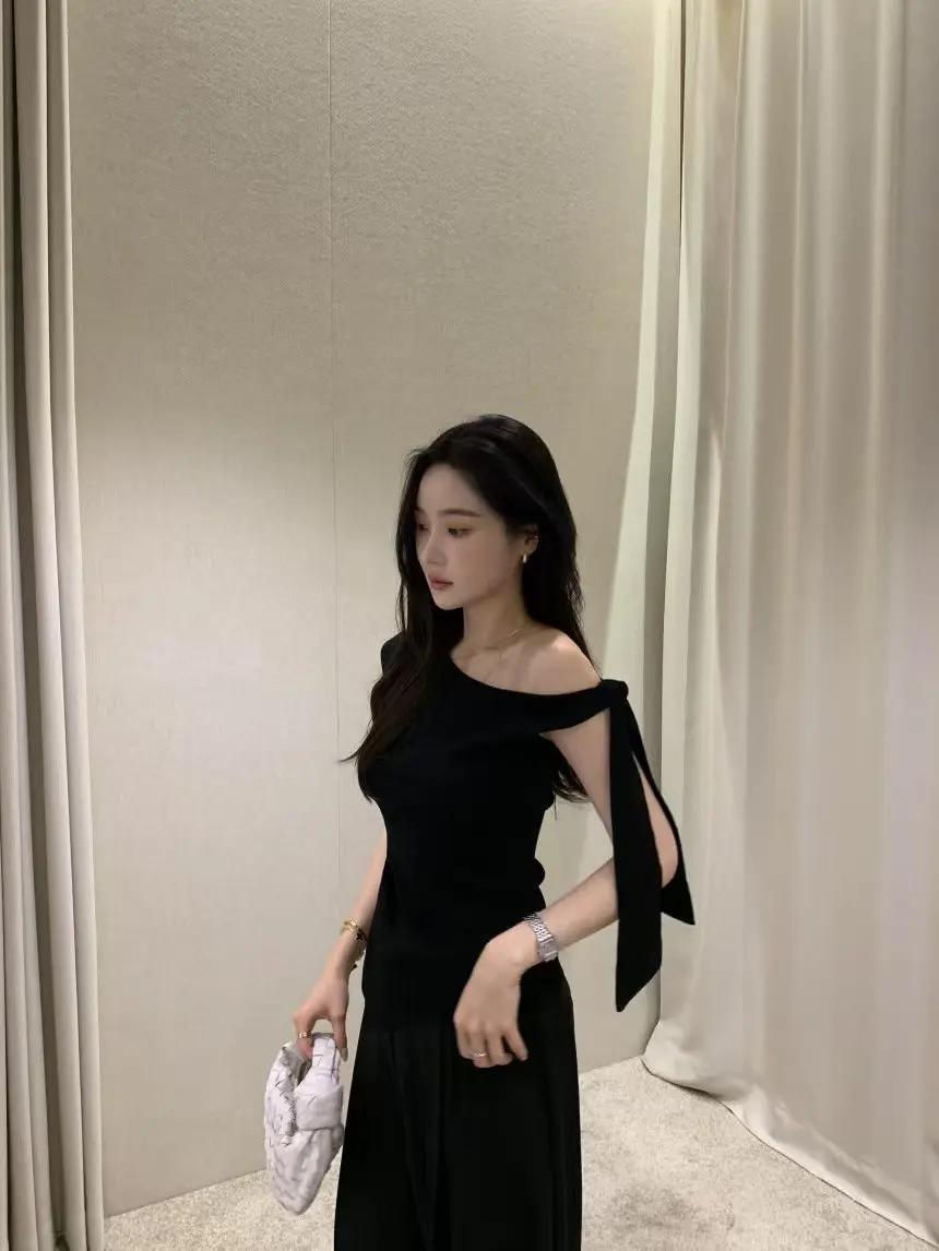 Elegant Asymmetric Shoulder Slip Knot Knitted Vest Women Summer Pure Desire Bare Shoulder Sleeveless Slim Fit T-Shirt - view 5