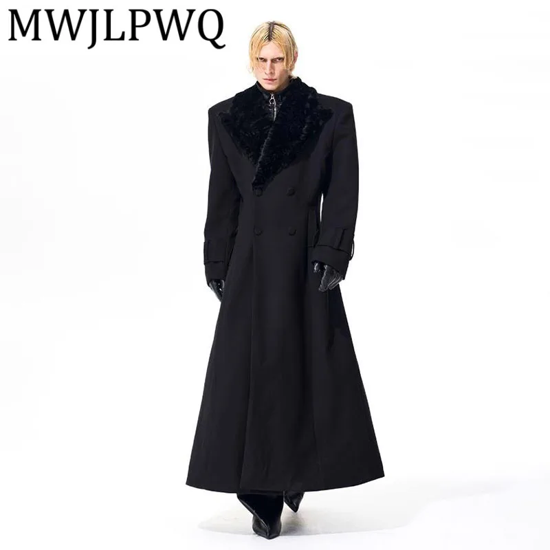

MWJLPWQ Wool Collar Long Trench Coat Blazer For Men Winter Double-Breasted Waist-Cinching Streetwear Men's Overcoat Suit 12640