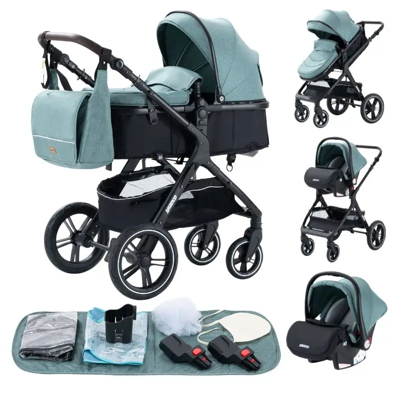 3-in-1 Babywandelwagen met autostoeltje en slaapmandje, lichtgewicht kinderwagen, multifunctionele babybuggy, compacte vouwwagen