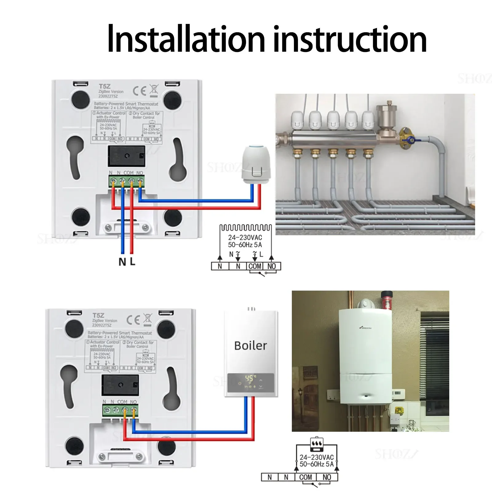 Imagem -04 - Termostato Inteligente Alimentado por Bateria Zigbee 2mqtt Tuya Linha para Caldeira de Água a Gás Chave de Contato Seco Atuador com Alexa Google Home Yandex Aice