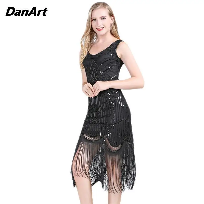 1920s Vintage Flapper Great Gatsby Party Dress V-Neck Sleeveless Sequin Beaded Style Tassel Flapper Vestidos Feminina