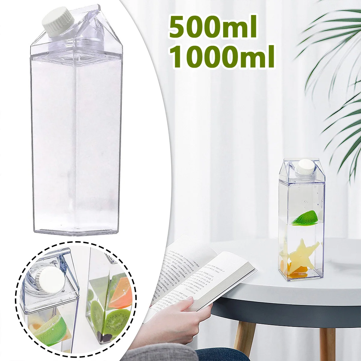 Reusable Clear Milk Carton Water Bottle 500ml / 1000ml Leak-proof Milk Box Water Bottle Portable Milk Bottles Water for Travel