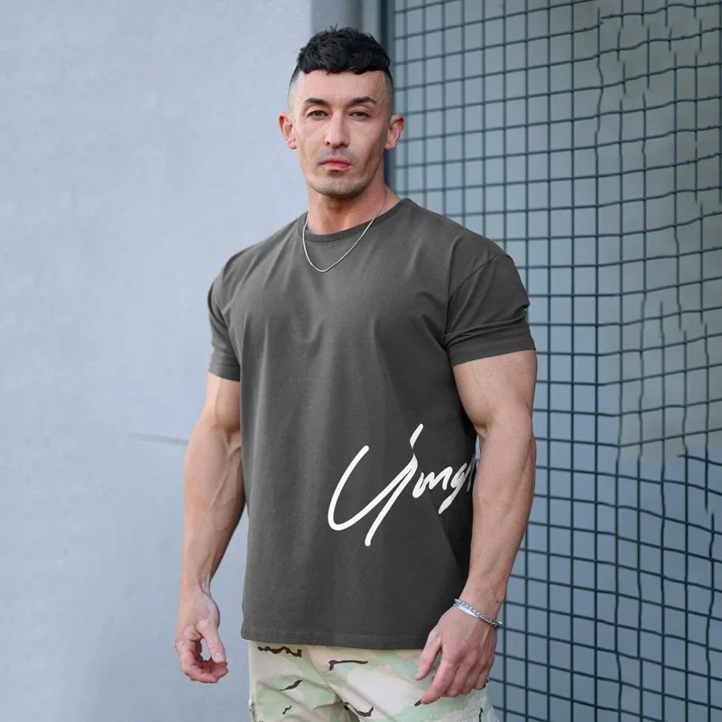 Summer  men\'s oversized T-shirt muscle exercise fitness cotton round neck short sleeve gym running basketball training camping